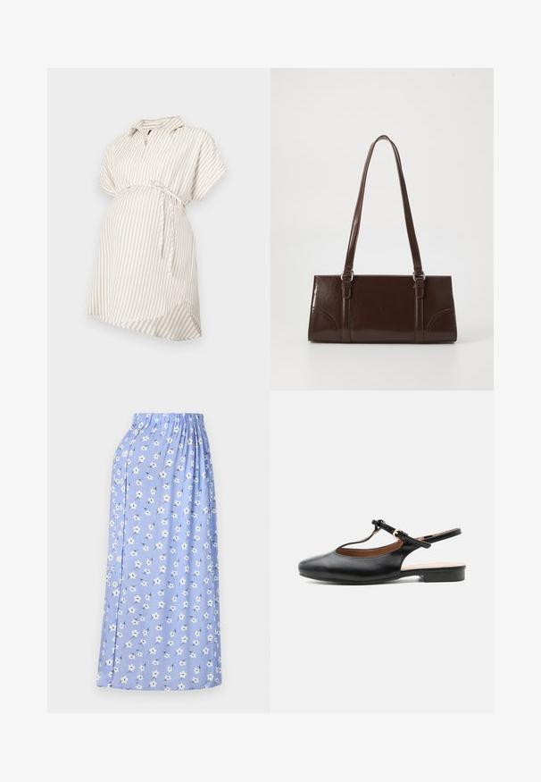 Graviditetsbluse i beige og hvide striber, korte ærmer, krave, detaljer med knyttet talje, flydende stof og afrundet kant for komfort.; Blå midi-nederdel med hvidt blomstermønster, elastisk talje, sidelukning med knap og blødt stof for en let følelse.; Sort læder flad slingback-sko med T-rem og guldlås på neutral baggrund.; Brun lakeret håndtaske med rektangulær form, to lange håndtag og subtile buede detaljer på fronten.