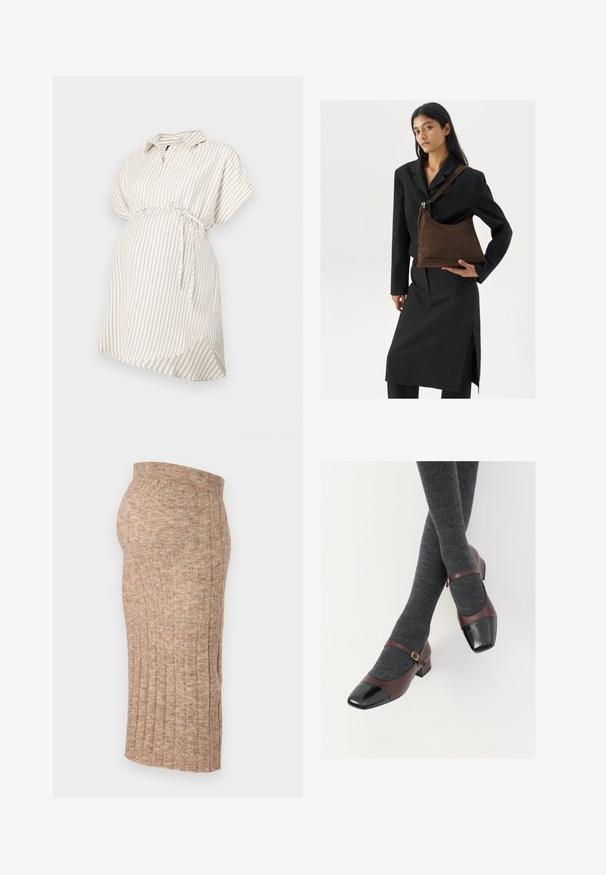 Graviditetsbluse i beige og hvide striber, korte ærmer, krave, detaljer med knyttet talje, flydende stof og afrundet kant for komfort.; Brun ribbet nederdel med elastisk talje, knælang, med en glat tekstur og ensartet mønster, vist fra siden mod en hvid baggrund.; Burgunderrøde læder Mary Jane-sko med en sort laktoej og tynd ankelrem; båret med mørkegrå ribbede strømper. Lav blokhæl.; Kvinde iført en sort blazer og nederdel, som holder en stor mørkebrun suedetaske mod en hvid baggrund.