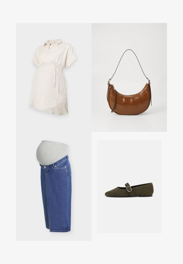 Graviditetsbluse i beige og hvide striber, korte ærmer, krave, detaljer med knyttet talje, flydende stof og afrundet kant for komfort.; Blå denim graviditetsnederdel med gråt stretch-taljebånd designet til at sidde over en gravid mave, vist fra siden.; Æblegrøn ruskind Mary Jane flad sko med sølvspænde og rundet tå, vist på en hvid baggrund.; Brun faux lædertaske med buet design, lynlåslukning og en enkelt brun strop. Glat tekstur med en blank finish og minimal hardware.