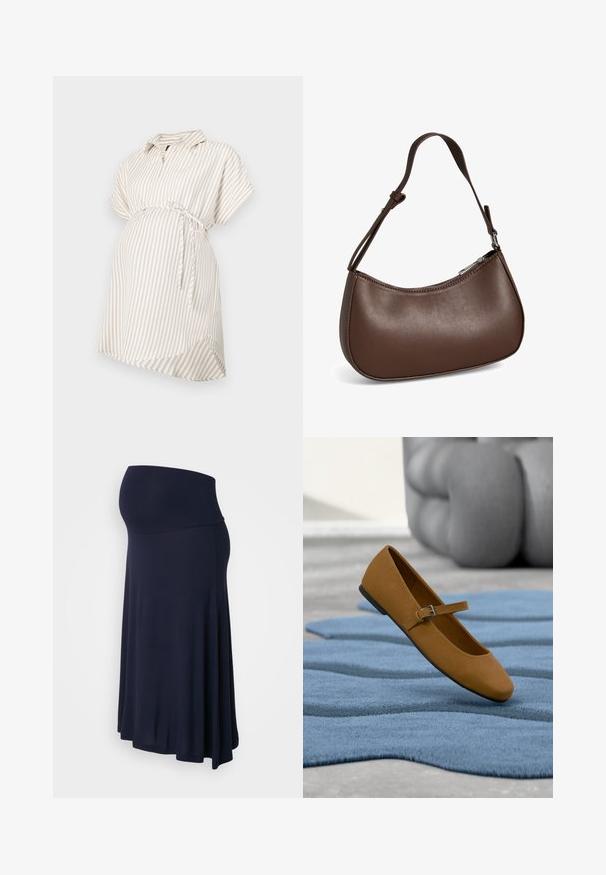 Graviditetsbluse i beige og hvide striber, korte ærmer, krave, detaljer med knyttet talje, flydende stof og afrundet kant for komfort.; Graviditetsnederdel i marineblå, lavet af blødt, strækbart stof. Har en høj talje og et svunget, A-formet design.; Brun Mary Jane flad sko med spænde, svævende over et struktureret blåt tæppe, gråt polstret møbel i baggrunden.; Lille brun skuldertaske i læder med justerbar rem og lynlåslukning, vist mod hvid baggrund. Ingen synligt branding eller dekorationer.