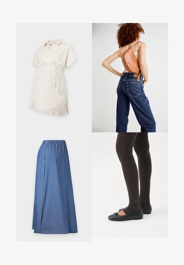 Beige ja valge triibuline raseduspluus, lühikeste varrukatega, krae, seotud vöödetail, voolav kangas ja ümar äär mugavuseks.; Denim maxi seelik elastse vöökohtaga, eesnupu külg, külje lõhe ja ühetaoline tumeblue värv. Kerge kangatekstuur.; Jalad seljas tumedad soonelises soonelises kombines mustade baleriinadega, millel on väikesed paelade detailid valgel taustal.; Pruun nahast seljakott ainulaadse kõvera disainiga. Kantakse diagonaalselt, sobitades kokku kõrge talje ja kollaste õmblustega siniste teksadega.
