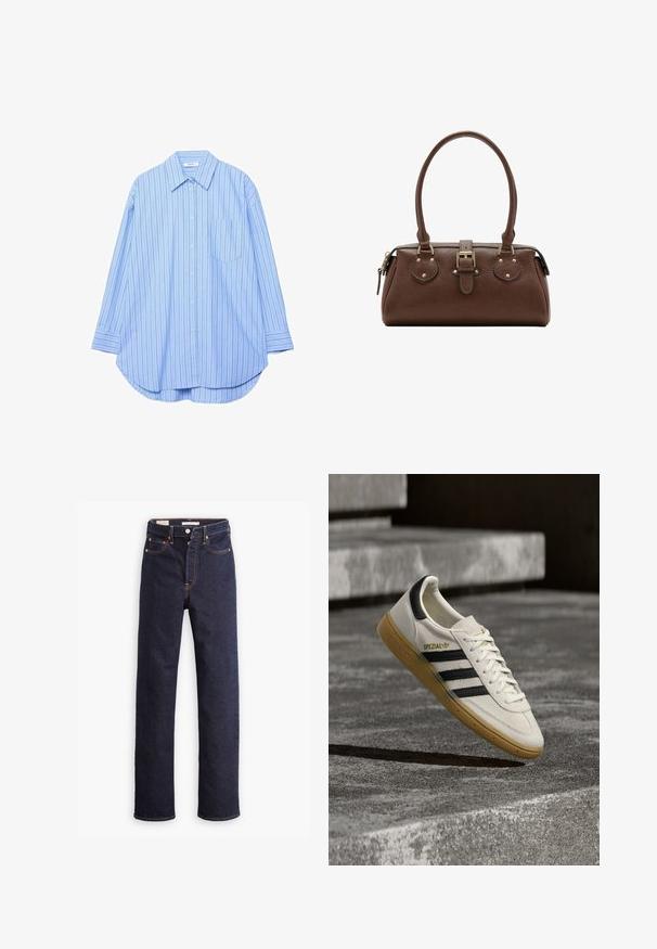 Chemise à manches longues bleu clair avec des fines rayures verticales foncées, un col pointu, une poche poitrine et un ourlet arrondi.; Jean en denim droit bleu foncé avec cinq poches et coutures orange visibles sur un fond blanc.; Baskets Adidas Spezial blanches avec des rayures noires et une semelle en gomme flottant au-dessus de marches en pierre grises à l'extérieur.; Sac à main en cuir marron avec deux poignées, une sangle centrale à boucle et des ferrures dorées, présenté sur fond blanc.