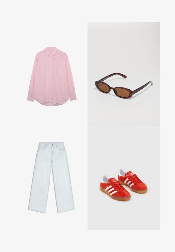 Chemise rose clair à manches longues, boutonnée, avec des rayures verticales blanches, col classique et ourlet arrondi.; Jean bleu clair à jambes larges avec fermeture à boutons et fermeture éclair sur le devant, passants pour ceinture et style cinq poches, posé à plat sur un fond blanc.; Baskets en daim rouge avec rayures blanches, semelle en gomme, col rembourré et logo sur la languette. Design classique avec une tige texturée.; Lunettes de soleil rondes teinte brun avec une monture bordeaux brillante. Branches fines avec un détail de marque subtil. Design de verres plats.