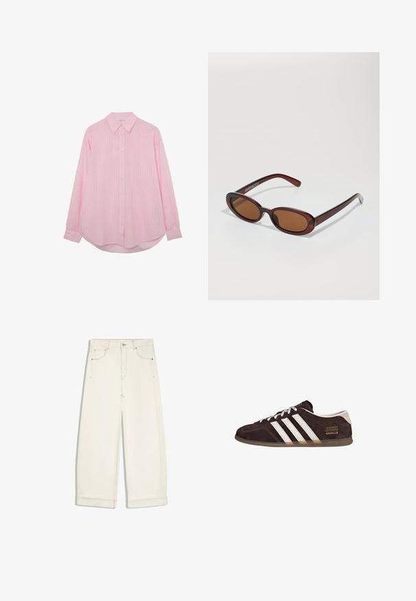 Chemise rose clair à manches longues, boutonnée, avec des rayures verticales blanches, col classique et ourlet arrondi.; Pantalon large court couleur écrue avec bouton devant, fermeture éclair, deux poches avant et surpiqûres marron visibles.; Baskets en suède marron avec trois bandes blanches, semelle en caoutchouc, et étiquette avec le texte "Gazelle" en or. Fermeture à lacets avec lacets gris.; Lunettes de soleil rondes teinte brun avec une monture bordeaux brillante. Branches fines avec un détail de marque subtil. Design de verres plats.