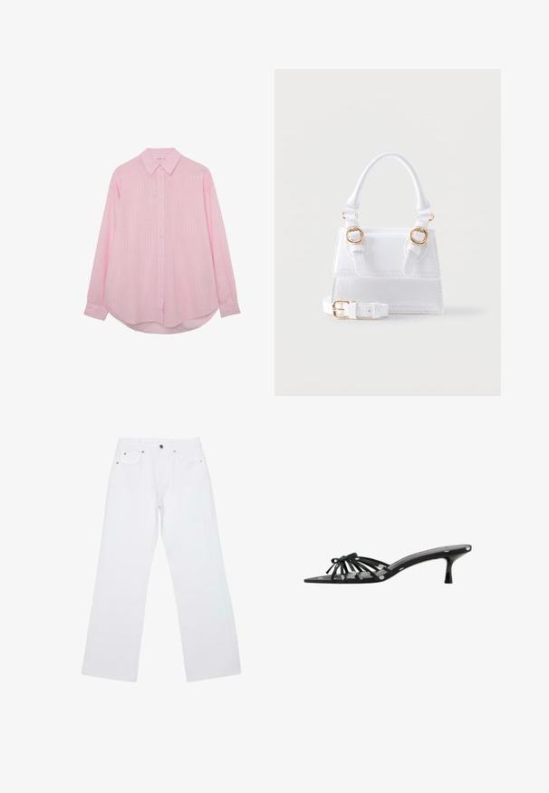 Chemise rose clair à manches longues, boutonnée, avec des rayures verticales blanches, col classique et ourlet arrondi.; Jean droit blanc avec cinq poches, passants de ceinture et fermeture avant par bouton et zip, posé à plat sur un fond blanc.; Mule noire à bout ouvert avec fines brides, détail nœud, petit talon kitten et motif à pois blancs sur les brides et la semelle.; Sac à main structuré blanc avec poignée supérieure, deux boucles dorées sur le devant et une bandoulière amovible et réglable.
