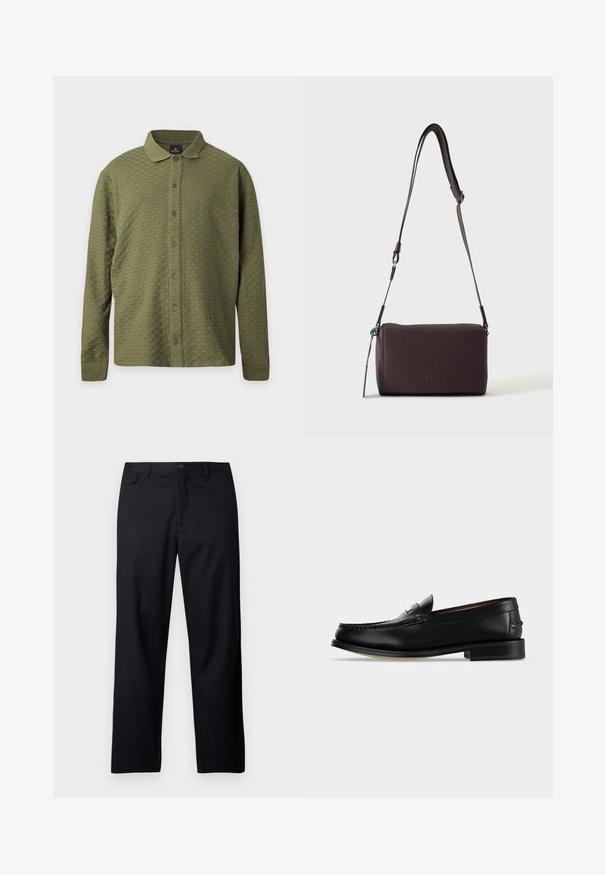 Chemise à manches longues vert olive texturée, boutonnée, avec col et poignets, présentée sur un fond clair uni.; Pantalon noir en tissu lisse, coupe droite, fermeture devant par boutons et poches latérales. Design minimaliste sans motifs.; Mocassin homme en cuir noir avec un petit talon et une couture de style mocassin sur l'avant, vu de côté sur un fond uni.; Sac bandoulière en cuir marron foncé texturé avec une sangle réglable et un petit accent décoratif bleu sur le côté.