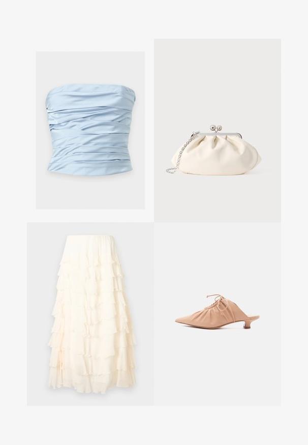 Haut bustier en satin bleu clair avec des plis horizontaux et une texture légèrement froncée sur un fond uni.; Jupe midi couleur crème avec des volants en couches et une ceinture élastique, présentée sur un fond uni.; Mule pour femme en cuir beige avec bout pointu, dessus froncé, lien de serrage et petit talon kitten, sur fond blanc.; Pochette en tissu crème avec un design froncé, cadre en métal argenté, deux boules décoratives, et une bandoulière chaîne argentée.