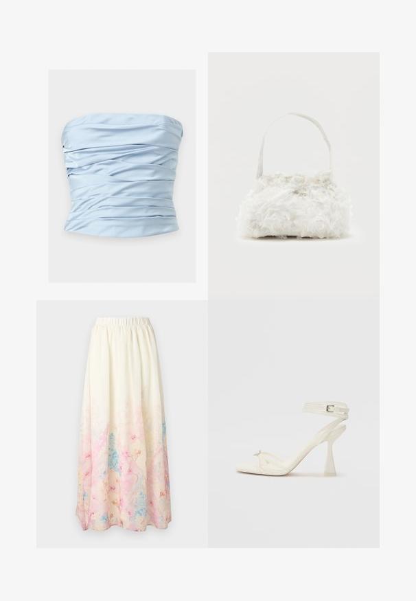 Haut bustier en satin bleu clair avec des plis horizontaux et une texture légèrement froncée sur un fond uni.; Jupe maxi couleur crème avec une taille élastique et un imprimé floral pastel doux en rose, bleu et beige en bas.; Sandale à talons hauts à brides en cuir blanc avec un design épuré, un talon bloc transparent et un élément décoratif au niveau des orteils.; Petit sac à main blanc orné de roses en tissu recouvrant le corps et d'une fine anse unique, sur un fond uni.