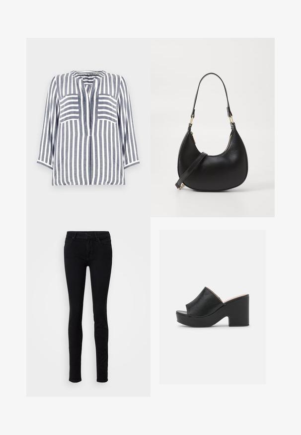 Chemise en lin avec des rayures verticales bleu et blanc, dotée d'un col arrondi, de manches trois-quarts et de deux poches avant.; Jean skinny noir en denim, avec un design classique à cinq poches, fermeture à bouton à l'avant et légèrement extensible pour le confort.; Des mules ouvertes en cuir noir présentent une large lanière avant et un talon en plateforme épais et haut avec une texture lisse. Vue de côté présentée.; Sac à main en cuir noir avec une forme courbée, doté d'une fermeture à glissière en haut, d'une courte poignée et d'une bandoulière amovible. Accent en métal doré.
