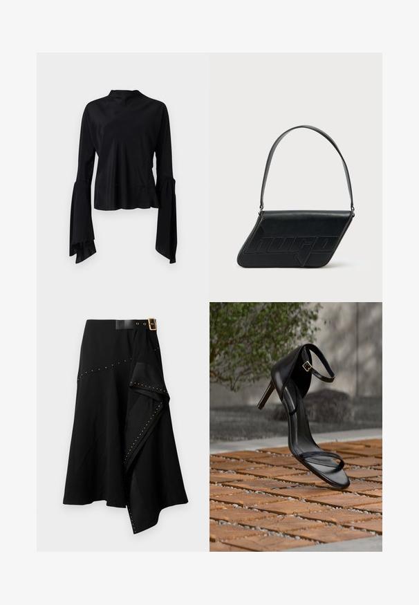 Schwarze Bluse mit langen Ärmeln aus glattem Stoff, mit hohem Ausschnitt und ausgestellt geschnittenen Ärmeln, die am Bündchen eine Raffung aufweisen.; Schwarzer Rock mit einer taillierten Taille und einem Gürtel mit goldener Schnalle, asymmetrischem Saum und goldenen Nieten entlang der Seitennaht. Hergestellt aus weichem Stoff.; Schwarze Sandalette mit hohem Absatz und Knöchelriemen schwebt über einem Holzboden im Freien vor verschwommenem Grün und Steinhintergrund.; Schwarze Leder-Umhängetasche mit dreieckiger Form, geprägt mit Logo und einem einzigen verstellbaren Riemen. Minimalistisches Design mit glatter Textur.