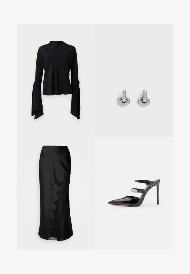 Mustaline mustast blouse, millel on pikad varrukad ja sile kangas, kõrge kaelus ning flared varrukad, mille cuffs'il on kogumiste detail.; Must mustrakk, millel on tekstuuriga viimistlus, pitsäär ühelt poolt ja sirge siluett. Sisaldab diskreetset külgava ja kinnihoidmisviisi.; Must pärast nahast kõrged kontsad, terava ninaga, kaks rihma üle jala, millest üks on kaunistatud teemanditeemantidega, valgel taustal.; Väike paar sädelevaid hõbedasi rõngaskõrvarõngaid ümmarguse alusega, esitatud lihtsal heledal taustal.