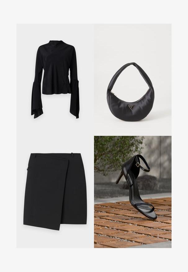 Mustaline mustast blouse, millel on pikad varrukad ja sile kangas, kõrge kaelus ning flared varrukad, mille cuffs'il on kogumiste detail.; Must mustriba mustriba, mis on sile tekstuur, külgvisiiriga ja kahe vöökohaga. Lihtne disain ilma nähtavate mustrite või aktsentideta.; Mustad kõrge kontsaga sandaal pahkluu rihmaga näib rippuvat puidust plaatide põranda kohal õues, taustal udune rohelus ja kivimüür.; Must musträk kott, millel on kaarjas kuju, varustatud lukuga ja metallist kolmnurkse logoga ees. Sile tekstuur ja peen disain.