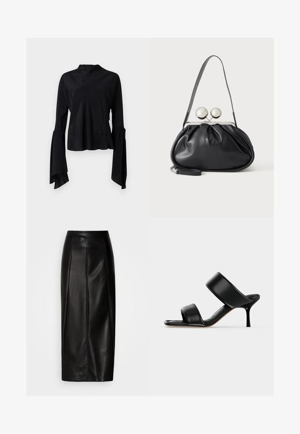 Mustaline mustast blouse, millel on pikad varrukad ja sile kangas, kõrge kaelus ning flared varrukad, mille cuffs'il on kogumiste detail.; Mustast nahast midi-seelik, millel on vormitud vöökoht, sile tekstuur, nähtavad õmblused ja sirge siluett. Kaunistusi ei ole.; Mustast nahast mule-tüüpi sandaal kahe laia rihmaga ja õhukese keskmise kõrgusega kontsaga lihtsal heledal taustal.; Mustast nahast käekott kogutud disainiga, ühe rihmaga, hõbedase metallraamiga ja kahe suure ümmarguse hõbedase klambriga.