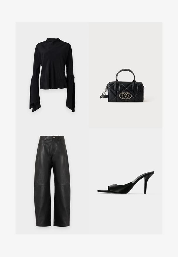 Mustaline mustast blouse, millel on pikad varrukad ja sile kangas, kõrge kaelus ning flared varrukad, mille cuffs'il on kogumiste detail.; Kõrge vöökohaga mustad laiad nahkpüksid ees nööpide, tõmbluku ja kahe ees taskuga, valgel taustal.; Mustast nahast avatud varbaga kõrge kontsaga kõrge kontsaga kootud king, külgvaates tavalise taustaga.; Väike must tikanditega õlakott topeltkäepidemetega, hõbedase logoga ja eemaldatava õlarihmaga ühevärvilisel taustal.