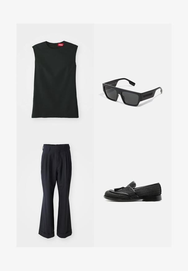 Un haut sans manches noir avec un col rond, en tissu lisse, et une fermeture éclair au dos. Il présente une petite étiquette rouge avec le logo "032c" au niveau du cou.; Pantalons noirs ajustés avec une coupe décontractée, devant plissé et jambes larges. Caractéristiques d'un ourlet à retournement et d'une texture de tissu lisse.; Mocassin tissé noir avec détail pompon, petit talon et bout arrondi, présenté en profil latéral sur fond blanc.; Lunettes de soleil noires avec une forme rectangulaire, finition mate et verres gris. Équipées d'un logo en relief sur les branches. Design classique.