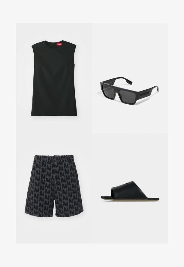 Un haut sans manches noir avec un col rond, en tissu lisse, et une fermeture éclair au dos. Il présente une petite étiquette rouge avec le logo "032c" au niveau du cou.; Shorts flous noirs et gris avec un motif texturé évoquant la lettre "M". Ils possèdent une taille avec un bouton et des poches latérales.; Sandale noire en cuir à bout ouvert avec une large bride et une semelle beige plate, vue de profil sur un fond gris clair.; Lunettes de soleil noires avec une forme rectangulaire, finition mate et verres gris. Équipées d'un logo en relief sur les branches. Design classique.
