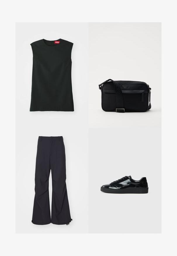 Un haut sans manches noir avec un col rond, en tissu lisse, et une fermeture éclair au dos. Il présente une petite étiquette rouge avec le logo "032c" au niveau du cou.; Pantalons à jambe large bleu marine en tissu lisse, dotés de deux poches avant et d'accents en cordon à l'ourlet. Design épuré et bien taillé sans embellissements.; Baskets en cuir verni noir avec un bout arrondi, un laçage, une semelle en caoutchouc texturé et une finition lisse.; Sac à bandoulière en nylon noir avec une sangle contrastante, une forme rectangulaire élégante, un détail de logo et une poche zippée à l'avant.