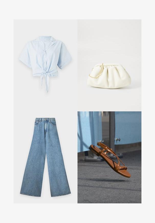 Lysblå cropped skjorte med vertikale hvide striber, korte ærmer, krave og frontbinding. Fremstillet af et glat, let stof.; Good American PANELED WIDE LEG - Wide leg - indigo; Brun lædersandal med tynde stropper og spænde, der svæver over en grå asfaltflade nær en blå barriere eller hegn.; Hvid læderhåndtaske med en samlede design, forsynet med en guldkæde-strop og en rund form. Glat tekstur med bløde folder og ingen mønstre.