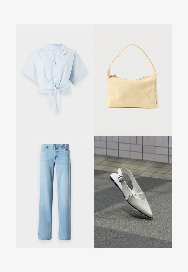 Heledsinine lühikeste varrukatega lühike särk, millel on vertikaalsed valged triibud, krae ja ees sidumisvahend. Valmistatud siledast, kergest kangast.; Heledad sinine denim teksad, sirge jala disainiga, viie taskuga ja esise eest nupukinnitusega. Sile tekstuur kerge tuhmumisega.; Valge terava nina ja kahe hõbedase pandlaga slingback-tasapinnaline king, kujutatud õues tekstuurse pinnase ja plaatidega seinatausta ees.; Väike beež nahast käekott ühe rihmaga ja hõbedaste naeltega piki äärte ja rihma, esitatud ühtse taustaga.