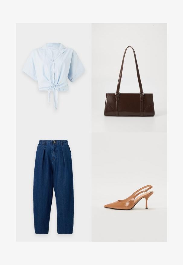 Camisa recortada azul claro con rayas verticales blancas, mangas cortas, cuello y cierre de lazo en el frente. Está hecha de una tela suave y ligera.; Pantalones de mezclilla de color azul oscuro con un corte relajado, que presentan pliegues en la parte delantera, un cierre de botón y piernas ajustadas.; Zapato de tacón tipo slingback con punta afilada en un material suave y brillante de color marrón. Presenta un diseño con corte curvado y un tacón de aguja delgado. Detalle de hebilla plateada.; Bolso de mano de piel sintética marrón con forma rectangular, dos asas largas y sutiles acentos curvados en la parte delantera.
