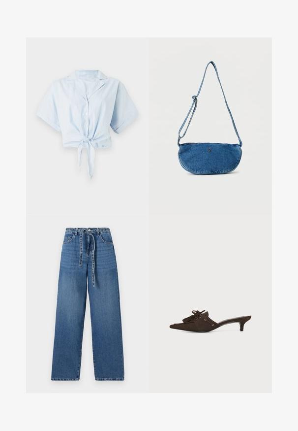 Camisa recortada azul claro con rayas verticales blancas, mangas cortas, cuello y cierre de lazo en el frente. Está hecha de una tela suave y ligera.; Jeans de denim azul claro de pierna ancha con cintura alta, que presentan un cierre con lazo, dos bolsillos frontales y un patrón ligeramente deslavado.; Zueco puntiagudo de ante marrón oscuro con tacón bajo de tipo kitten, borlas decorativas y detalle de encaje sobre fondo blanco.; Bolso bandolera azul de mezclilla con correa ajustable y pequeño logo metálico en el frente, exhibido sobre fondo blanco.