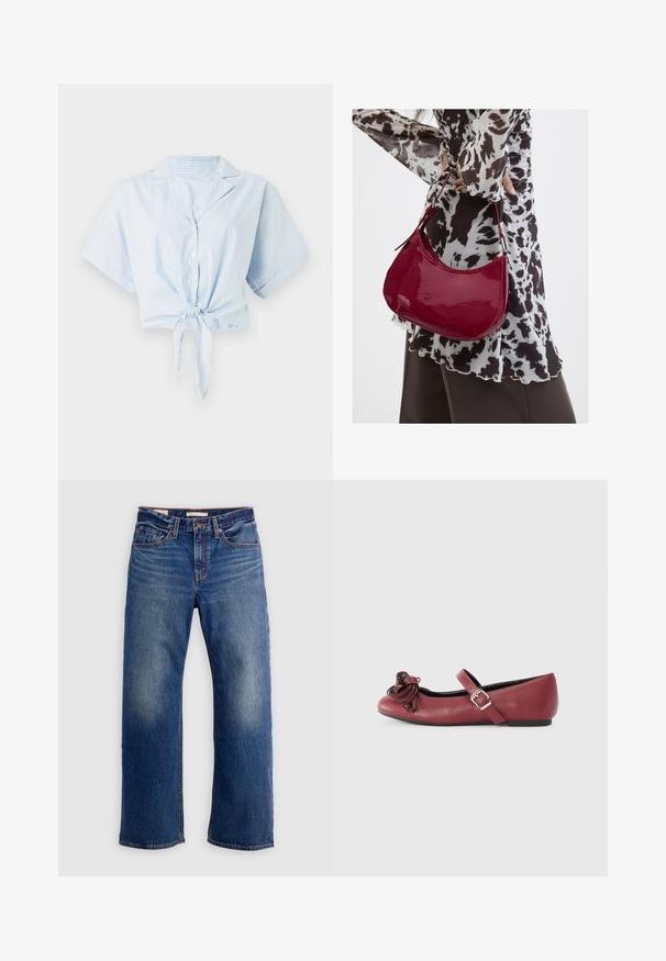 Lysblå cropped skjorte med vertikale hvide striber, korte ærmer, krave og frontbinding. Fremstillet af et glat, let stof.; Blå straight-leg denimjeans med forlommer, bæltestropper og falmning på lårene, vist på en ensfarvet hvid baggrund.; Bordeaux læder ballet flats med rund tå, ankelrem og en dekorativ kvastdetalje foran. Flad sål og enkelt design.; Kvinde iført en sort- og hvidmønstret bluse, der holder en blank rød skuldertaske mod en ensfarvet baggrund.