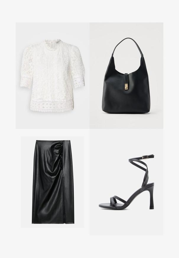 Blouse blanche en dentelle avec un col haut, des manches courtes bouffantes et des motifs floraux complexes agrémentés de dentelle à bords festonnés.; Jupe en cuir noir avec une texture lisse, présentant une section froncée sur un côté et une fente sur le côté pour un détail supplémentaire.; Sandales à talons hauts noires au design élégant, avec deux fines brides sur les orteils et une bride croisée à la cheville avec une boucle.; Sac hobo en cuir noir à finition texturée, doté d'un fermoir doré et d'une anse incurvée unique pour un port à l'épaule.