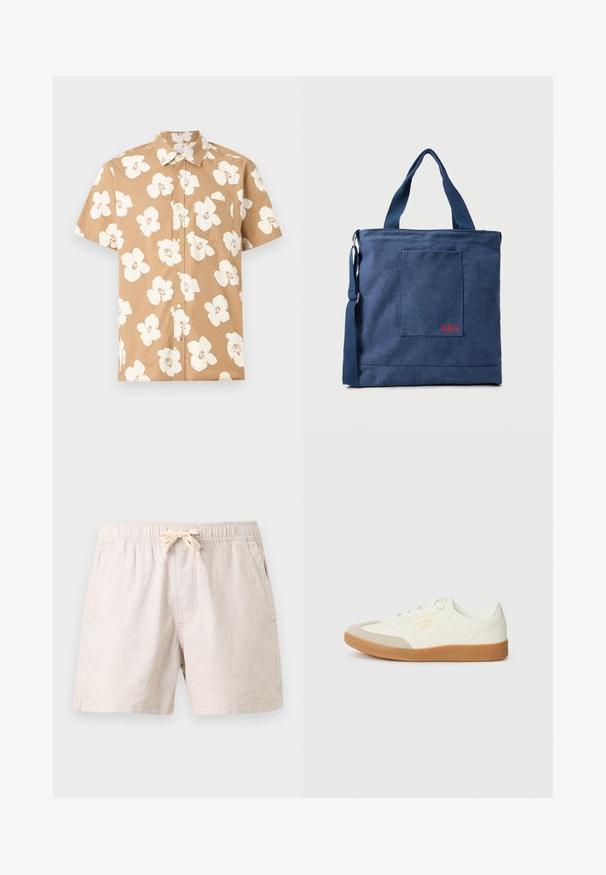 Chemise beige à manches courtes avec boutons, grand imprimé floral blanc et poche poitrine, affichée sur un fond plat gris clair.; Shorts beige décontractés avec taille élastique, lien à l'avant, poches latérales et ourlets droits, posés à plat sur un fond gris.; Baskets en cuir blanc avec une coque beige et une semelle en caoutchouc marron clair. Dotées de lacets blancs plats et d'un logo embossé sur le côté.; Sac fourre-tout en toile bleue avec poche frontale et broderie rouge "O.N.S", doté de doubles poignées et d'une bandoulière réglable.