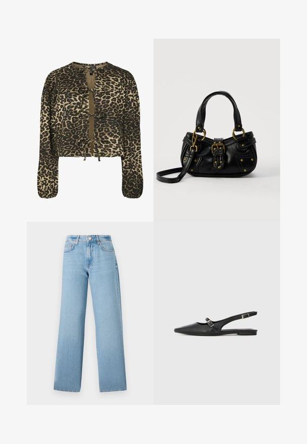 Blusa corta de estampado de leopardo con mangas largas, que presenta lazos en el escote y el dobladillo. El material es una tela texturizada con un acabado suave.; Jeans de pernera ancha de color azul claro, confeccionados en denim, con una cintura alta, diseño de cinco bolsillos y cierre de botón con cremallera.; Zapatos slingback de cuero negro con punta afilada, que cuentan con una correa estrecha y un detalle de hebilla plateada en el lateral. Suela plana.; Bolso de cuero negro con hebilla y detalles de remaches dorados, asas cortas y una correa de hombro ajustable sobre un fondo blanco liso.