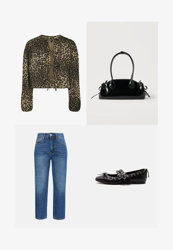 Blusa corta de estampado de leopardo con mangas largas, que presenta lazos en el escote y el dobladillo. El material es una tela texturizada con un acabado suave.; Vaqueros azul con talle alto y pierna recta con cierre delantero de botón y cremallera, y diseño de cinco bolsillos.; Zapato de ballet plano negro con correas de doble hebilla, ojales plateados y un pequeño lazo cerca de la puntera redondeada sobre un fondo blanco.; Pequeño bolso negro brillante con dos asas largas y detalles de cordón lateral sobre un fondo claro liso.