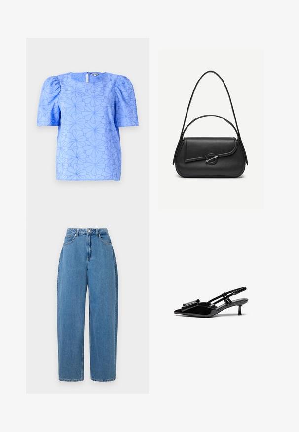 Blouse bleu clair à manches bouffantes, motif floral texturé et décolleté carré ; présente une ouverture en forme de clé à l'arrière.; Un pantalon en denim bleu clair avec une coupe droite, taille haute et fermeture à bouton devant. Il comporte cinq poches et des détails de couture minimaux.; Talons aiguilles en cuir verni noir avec un bout pointu, un détail en nœud à l'avant et un petit talon stiletto. Les brides sont équipées de boucles ajustables.; Sac à main en cuir noir avec bords arrondis, rabat asymétrique, fermoir circulaire en métal, et des bandoulières courtes et longues.