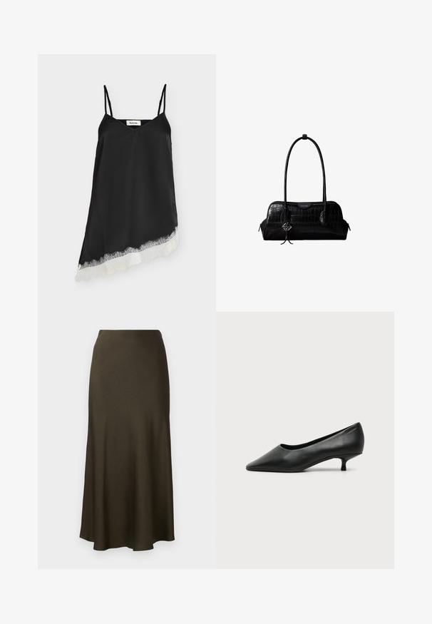 Robe en satin noire sans manches avec fines bretelles et ourlet asymétrique orné de dentelle blanche.; Jupe longue de couleur vert foncé, finition satinée, avec une ligne d'ourlet évasée et une texture lisse. Design simple, sans motifs visibles ni accessoires.; Escarpin femme en cuir noir à petit talon, bout pointu et petit talon kitten sur fond clair uni.; Sac à épaule en cuir noir à texture crocodile, avec de longues sangles et un petit charm logo argenté sur une sangle.