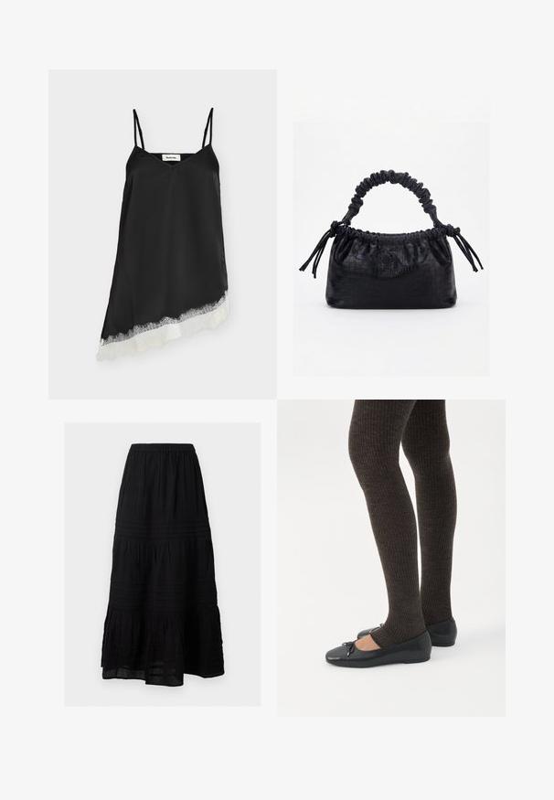 Robe en satin noire sans manches avec fines bretelles et ourlet asymétrique orné de dentelle blanche.; Jupe longue noire à volants avec taille élastique, plis horizontaux subtils et détails en dentelle.; Jambes portant des leggings côtelés foncés associés à des ballerines noires avec de petits détails en nœud sur fond blanc.; Sac à main noir avec texture crocodile, bord supérieur froncé, poignée plissée et pompons à cordon de chaque côté sur fond blanc.