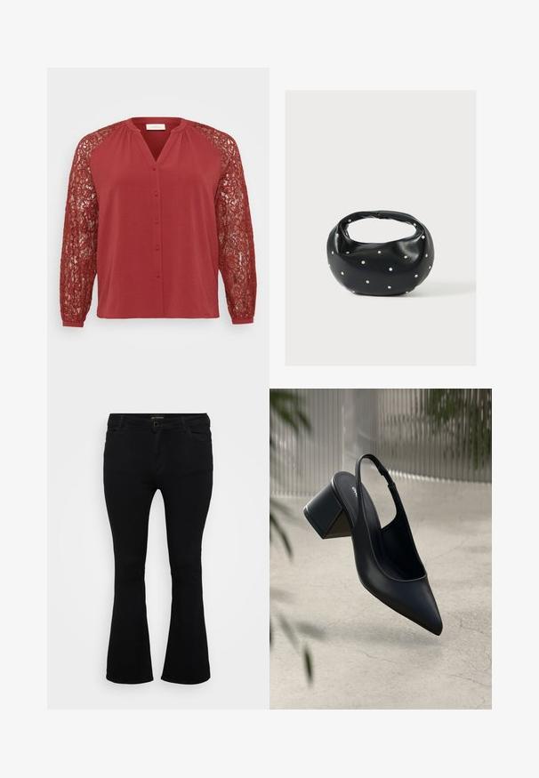 Blusa roja con una tapeta de botones en la parte delantera, presenta mangas largas de encaje. El material es texturizado, con intrincados patrones de encaje en las mangas.; Pantalones vaqueros de corte acampanado en negro, fabricados en denim, con cierre de botón, cinco bolsillos y una textura suave. Diseño clásico con dobladillo acampanado.; Zapato de tacón slingback de cuero negro con punta afilada y tacón cuadrado. Textura suave, diseño minimalista y correa ajustable en el tobillo.; Bolso de mano de cuero negro con forma redondeada, decorado con detalles de tachuelas plateadas y un asa corta. Textura lisa y cierre con cremallera.