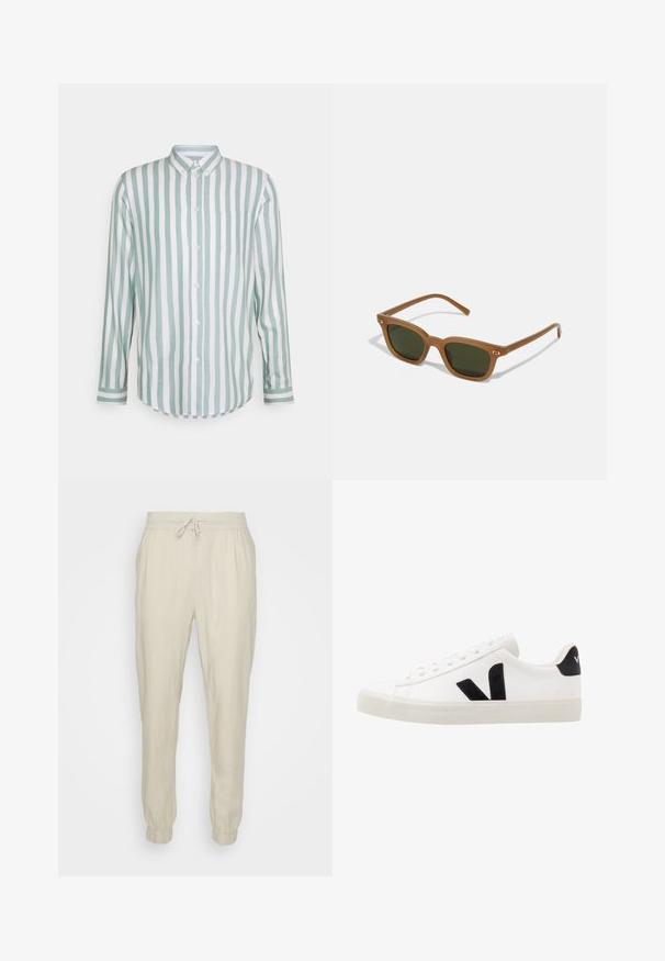 Chemise en coton à manches longues avec des rayures verticales vert menthe et blanches, fermeture à boutons, col, poche poitrine simple et ourlet incurvé.; Jogging en lin beige avec une taille élastique et un cordon de serrage ajustable, présentant des poignets élastiques et une coupe relaxée. Texture lisse.; Sneaker blanche en cuir avec des accents en daim noir ; dispose d'une semelle en caoutchouc, d'un bout rond et d'un design classique à lacets. Logo latéral en noir.; Lunettes de soleil en acétate marron avec des verres vert foncé, de forme rectangulaire et des accents dorés sur les branches. Texture lisse, design minimaliste.