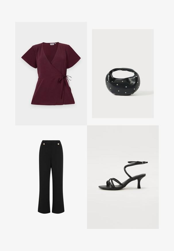 Burgundy indpakningsbluse med korte ærmer, V-udskæring, bindebånd i taljen og struktureret stof. Enkel og alsidig design.; Sorte, vide ben bukser med en glat tekstur, featuring en høj talje, to guldfarvede knapper og et skræddersyet design. Ingen synlige lommer.; Even&Odd Wide Fit by Zalando Sandaler - black; Sort læderhåndtaske med en rundet form, dekoreret med sølvnitter, og et kort håndtag. Glat tekstur og lynlåslukning.
