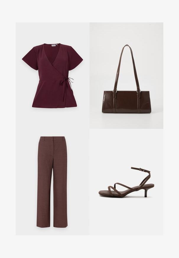 Burgundy indpakningsbluse med korte ærmer, V-udskæring, bindebånd i taljen og struktureret stof. Enkel og alsidig design.; Brune bredbensbukser lavet af tekstureret stof med en glat finish, med flad front, bæltesløjfer og sidelommer.; Brun højhælet sandal med tynde krydsede stropper og en ankelrem med en sølvspænde på en hvid baggrund.; Brun lakeret håndtaske med rektangulær form, to lange håndtag og subtile buede detaljer på fronten.