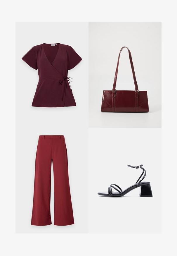 Burgundy indpakningsbluse med korte ærmer, V-udskæring, bindebånd i taljen og struktureret stof. Enkel og alsidig design.; Bredde bukser i en dyb burgunderfarve. Lavet af et glat, strækbart stof med skræddersyede sømme og lynlås foran.; Sort sandal med stropper, åben tå, ankelspænde og blokhæl, vist i sidelæns syn på en ensartet lys baggrund.; Bordeaux håndtaske lavet af glansfuldt materiale, rektangulær form, med to skulderremme og subtile buede detaljer på forsiden.