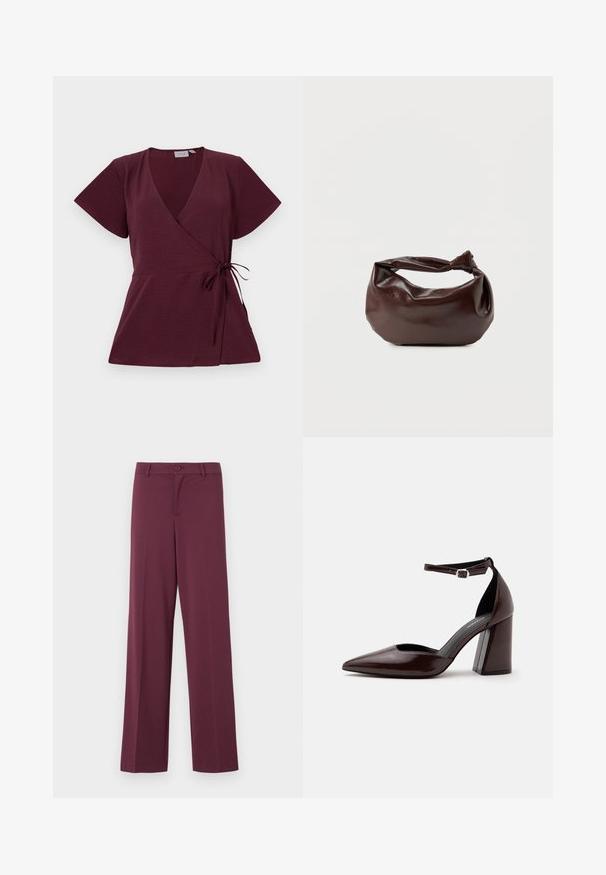 Burgundy indpakningsbluse med korte ærmer, V-udskæring, bindebånd i taljen og struktureret stof. Enkel og alsidig design.; Mørkerøde bukser med bred benvidde, lavet af glat stof. Har en knaplukning og klassiske lommer. Enkel design uden mønstre eller detaljer.; Mørkebrunt læder pumps med spids tå, høj hæl, ankelrem og sølvspænde på hvid baggrund.; Mørkebrun læder skuldertaske med en blød, afslappet form og et snoet knudehåndtag på en ensartet hvid baggrund.