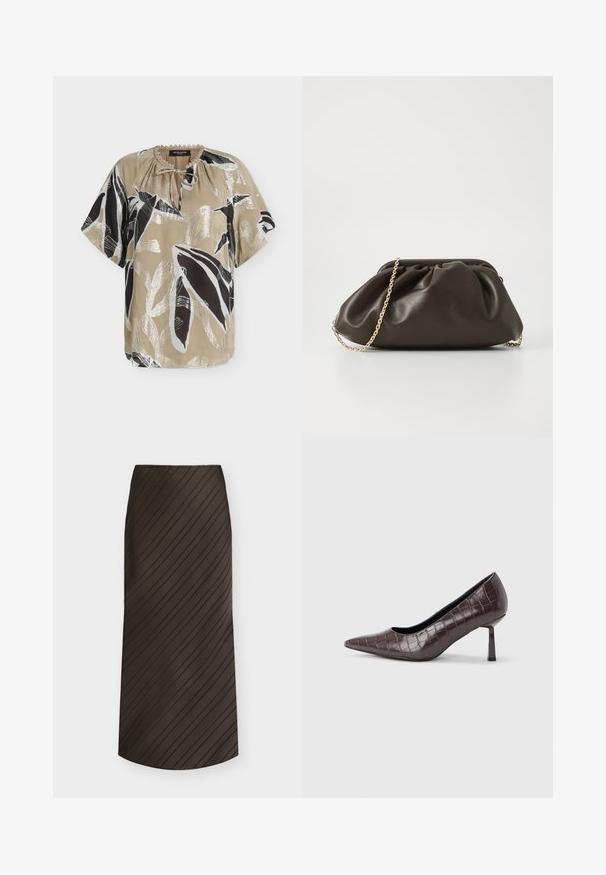 Blouse beige à manches courtes avec un imprimé floral abstrait noir et blanc et un petit nœud devant au col rond.; Jupe trapèze marron foncé avec des rayures noires diagonales, longueur midi, et une ceinture simple.; Escarpins à bout pointu en similicuir marron avec une texture crocodile, dotés d’un talon fin et angulaire ainsi que d’une doublure intérieure lisse.; Sac à main en cuir marron avec un design froncé, une bandoulière en chaîne dorée et une finition douce et texturée. Sa forme compacte est idéale pour une utilisation en soirée.