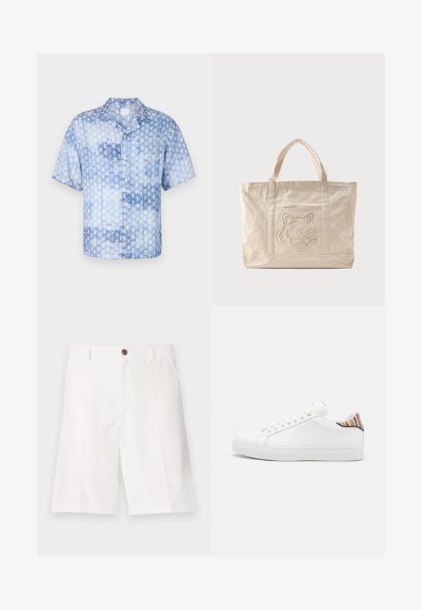 120% Lino SHORT SLEEVE REGULAR FIT MEN SHIRT - Pluus - washed blue; Valged Bermuudashortsid, mis on valmistatud kergest kangast ja millel on mugav lõige. Šortsidel on üks pruun nupp ja eesmine Taskud.; Valge nahkne toss, millel on sile viimistlus, värviline triibuline aktsent kandadel, kuldne aasa ja lame valge tallaga.; Beeži värvusega lõuendist kandekott topeltkäepidemetega ja esitaskul reljeefse hundi pea kujutisega.