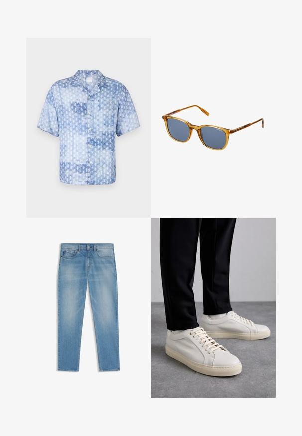 120% Lino SHORT SLEEVE REGULAR FIT MEN SHIRT - Overhemd - washed blue; Lichtblauwe spijkerbroek met een klassieke vijfzakkenstijl, knoop- en ritssluiting, en subtiele vervaagde details op de dijen en knieën.; Lichtbeige leren sneakers met platte veters, een gestructureerd oppervlak en een contrasterende crème-kleurige rubberen zool, gecombineerd met zwarte taps toelopende broek.; Bruine transparante plastic zonnebril met donkergrijze lenzen, vierkante vorm, subtiele branding op het frame en een glanzende afwerking.