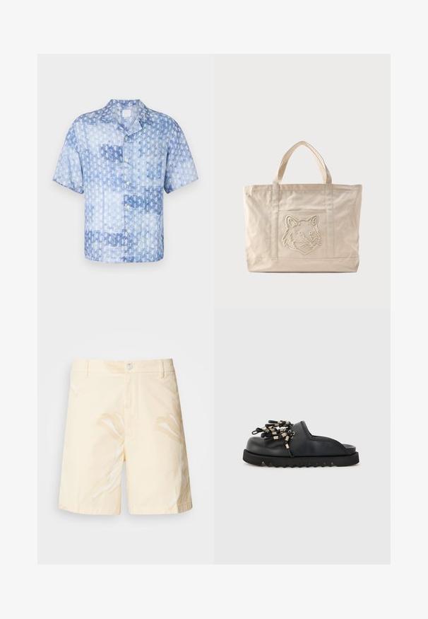 120% Lino SHORT SLEEVE REGULAR FIT MEN SHIRT - Overhemd - washed blue; Katoenen shorts in lichtgeel met een bloemenpatroon. Voorzien van een knoopsluiting, zijzakken en een rechte snit met omgezoomde randen.; Zwarte instapschoen met een gestructureerde rubberen zool, voorzien van metalen accenten en lussen op de bovenkant voor decoratieve details.; Beige canvas tas met dubbele handvatten en een reliëf ontwerp van een wolfskop op het voorvak.