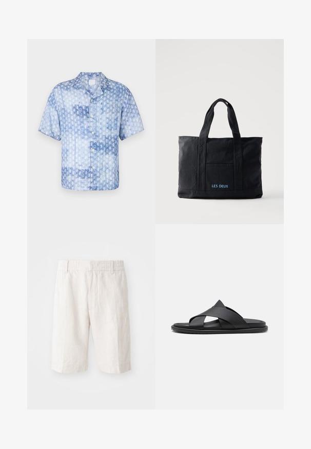 120% Lino SHORT SLEEVE REGULAR FIT MEN SHIRT - Hemd - washed blue; Leinen-Shorts in hellem Beige mit einem elastischen Bund, seitlichen Taschen und geradem Schnitt. Glatte Textur mit minimal sichtbaren Nähten.; Stuart Weitzman BERKLEY - Pantolette flach - black; Schwarze Canvas-Tragetasche mit zwei Henkeln, Fronttasche und „LES DEUX“ in Blau auf der Fronttasche bestickt.