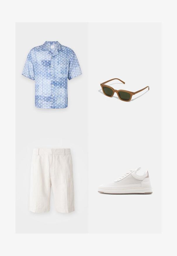 120% Lino SHORT SLEEVE REGULAR FIT MEN SHIRT - Hemd - washed blue; Leinen-Shorts in hellem Beige mit einem elastischen Bund, seitlichen Taschen und geradem Schnitt. Glatte Textur mit minimal sichtbaren Nähten.; Weißer Sneaker mit niedrigem Schaft, strukturiertem Seitenteil, gepolstertem Kragen, Schnürverschluss vorne und "Filling Pieces"-Branding am Sohlenrand.; Braune Acetat-Sonnenbrille mit dunkelgrünen Linsen, rechteckiger Form und goldenen Akzenten an den Bügeln. Glatte Textur, minimalistisches Design.