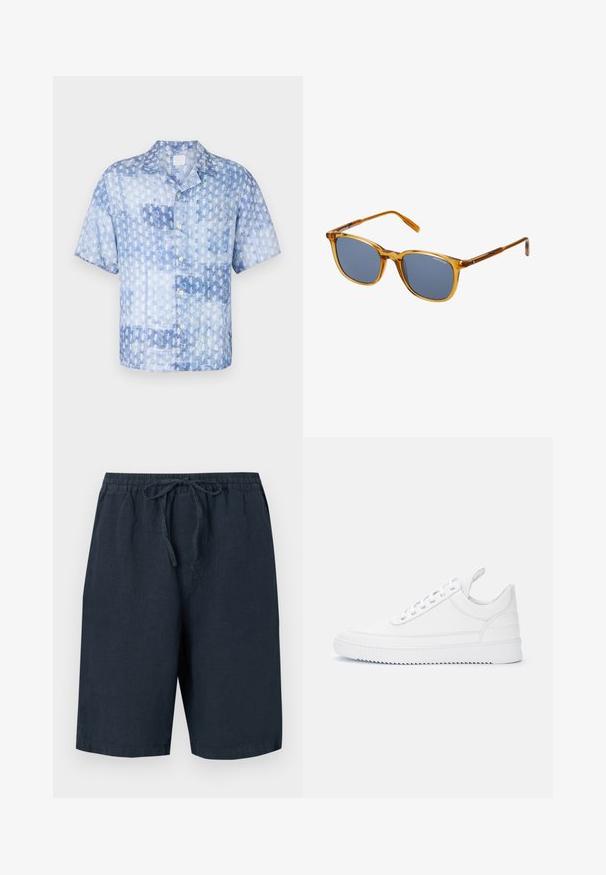 120% Lino SHORT SLEEVE REGULAR FIT MEN SHIRT - Košeľa - washed blue; Tmavomodré ľanové šortky s elastickým pásom a nastaviteľným šnúrkovým uzáverom. Obsahujú bočné vrecká a majú uvoľnený strih.; Biele nízke tenisky so šnurovaním, prešívanými detailmi, pútkom na päte a drážkovanou podrážkou na jednoduchom svetlom pozadí.; Hnedé priehľadné plastové slnečné okuliare s tmavosivými sklami, štvorcového tvaru, s jemným brandingom na ráme a lesklým povrchom.