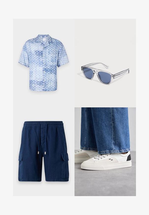 120% Lino SHORT SLEEVE REGULAR FIT MEN SHIRT - Hemd - washed blue; Marineblaue Cargo-Shorts aus leichtem Material, mit einem elastischen Bund und Kordelzug, zwei Seitentaschen und einer Beintasche.; Weiße und schwarze Sneaker mit einem Obermaterial aus glattem Leder, strukturierten Akzenten und einer massiven weißen Sohle. Verfügt über ein klassisches Schnürdesign.; Sonnenbrille mit klarem Rahmen und rechteckigen, blau getönten Gläsern, liegend auf einer weißen Oberfläche.