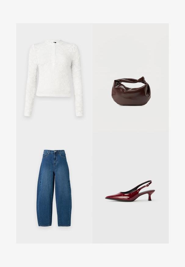 Camisa blanca de manga larga con un patrón floral texturizado, cuello redondo y una tapeta con dos botones en la parte delantera.; Jeans de denim en un lavado azul medio, con una cintura alta, corte de pierna ancha y diseño estándar de cinco bolsillos con detalles de costura visibles.; Zapatos de tacón slingback de charol burdeos con puntera afilada y elegante tacón de aguja. Diseño de espalda abierta con detalle de tira ajustable en el tobillo.; Bolso de hombro de cuero marrón oscuro con una forma suave y caída, y un asa con nudo torcido sobre un fondo blanco liso.