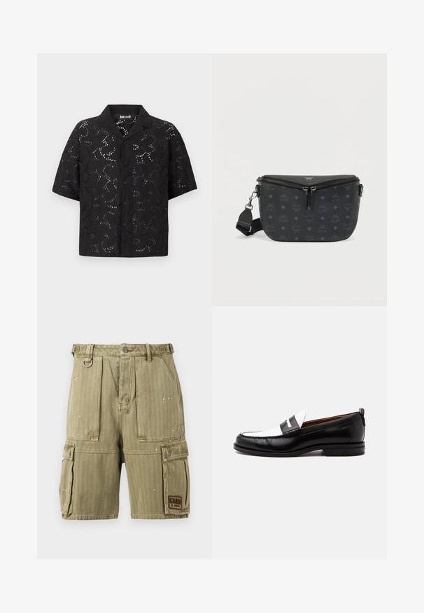 Chemise noire à manches courtes avec motif floral en découpe et col classique, présentée sur un fond uni.; Shorts cargo kaki avec poches avant, poches latérales à rabat, passants de ceinture, détails d'éclaboussures de peinture et une petite étiquette rectangulaire sur la poche droite.; Mocassin en cuir noir et blanc avec des détails cousus, un petit talon et un design slip-on, présenté de profil sur un fond uni.; Sac bandoulière en cuir noir avec un motif de logo couvrant entièrement, fermeture éclair, sangle réglable et finition lisse texturée.