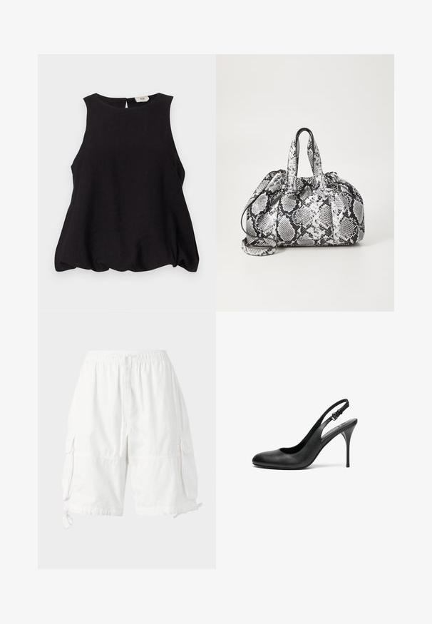 Haut sans manches noir avec un col rond, coupe ample et tissu texturé. Présente une petite ouverture au dos et aucun matériel visible.; Chino shorts blancs avec une taille élastique et un cordon de serrage, dotés de deux poches latérales et de liens ajustables à l'ourlet. Fabriqués en tissu léger.; Escarpin slingback en cuir noir avec un bout pointu, un talon aiguille fin et une sangle ajustable. Texture lisse et design minimaliste.; Sac à main en motif peau de serpent noir et blanc avec deux poignées, une fermeture à cordon et une bandoulière amovible. Texture lisse.